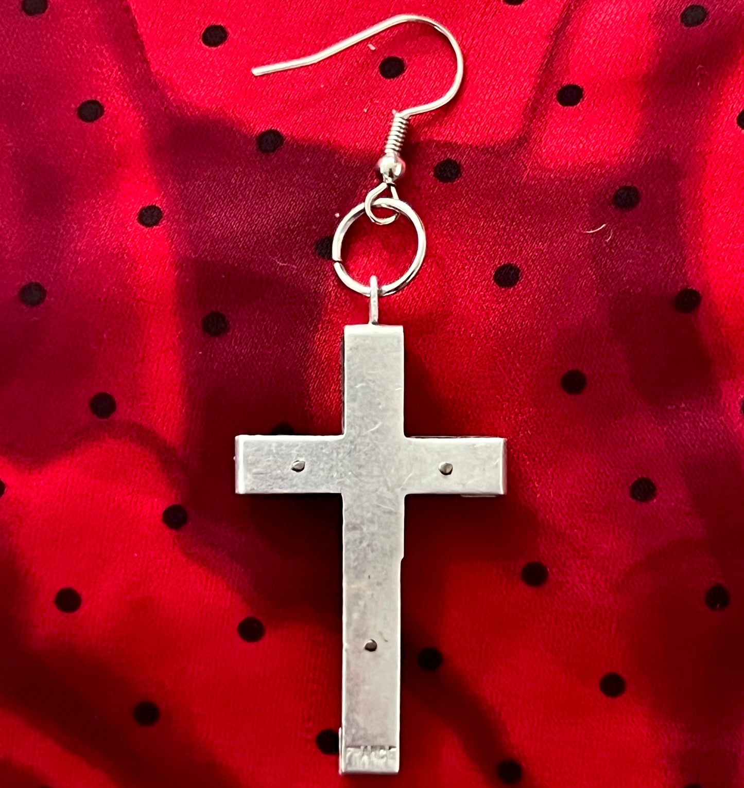 Small Antique Silver and Rosewood Crucifix Single Dangly Earring