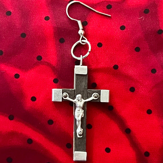 Small Antique Silver and Rosewood Crucifix Single Dangly Earring